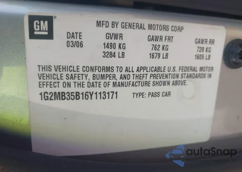 2006 Pontiac Solstice из США, поврежденный, VIN 1G2MB35B16Y113171